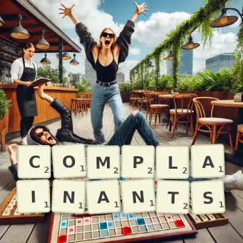 Creative illustration for a Scrabble game with the word COMPLAINANTS spelled out in tiles on the board.