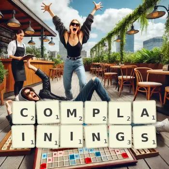 Creative illustration for a Scrabble game with the word COMPLAININGS spelled out in tiles on the board.