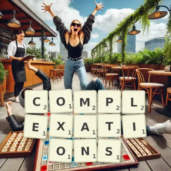 Creative illustration for a Scrabble game with the word COMPLEXATIONS spelled out in tiles on the board.