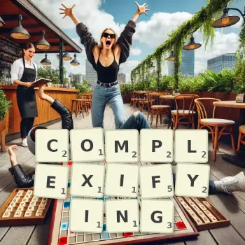 Creative illustration for a Scrabble game with the word COMPLEXIFYING spelled out in tiles on the board.
