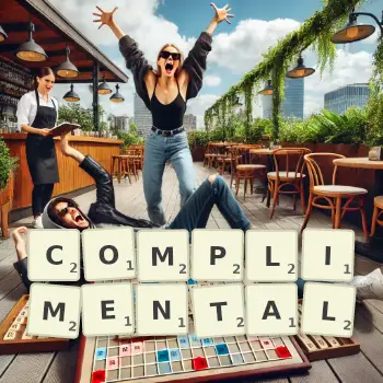 Creative illustration for a Scrabble game with the word COMPLIMENTAL spelled out in tiles on the board.