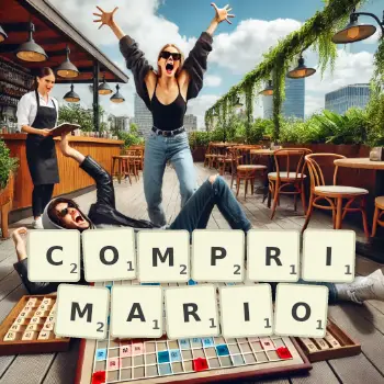 Creative illustration for a Scrabble game with the word COMPRIMARIO spelled out in tiles on the board.