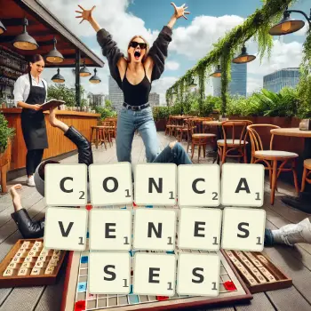 Creative illustration for a Scrabble game with the word CONCAVENESSES spelled out in tiles on the board.