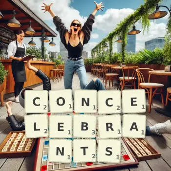 Creative illustration for a Scrabble game with the word CONCELEBRANTS spelled out in tiles on the board.