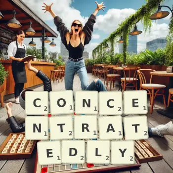 Creative illustration for a Scrabble game with the word CONCENTRATEDLY spelled out in tiles on the board.