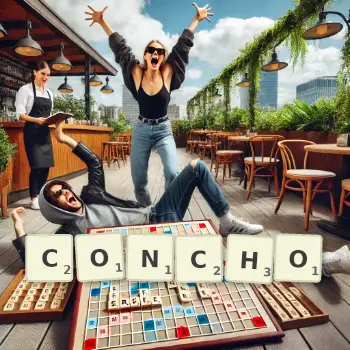 Creative illustration for a Scrabble game with the word CONCHO spelled out in tiles on the board.