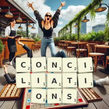 Creative illustration for a Scrabble game with the word CONCILIATIONS spelled out in tiles on the board.