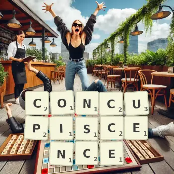 Creative illustration for a Scrabble game with the word CONCUPISCENCE spelled out in tiles on the board.
