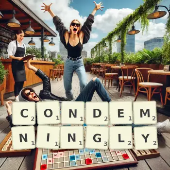 Creative illustration for a Scrabble game with the word CONDEMNINGLY spelled out in tiles on the board.