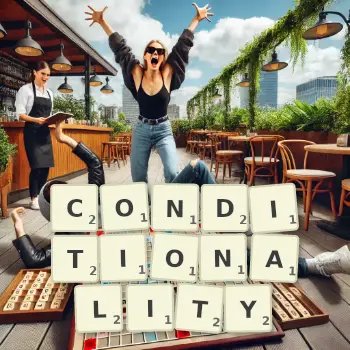 Creative illustration for a Scrabble game with the word CONDITIONALITY spelled out in tiles on the board.