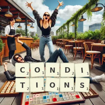 Creative illustration for a Scrabble game with the word CONDITIONS spelled out in tiles on the board.
