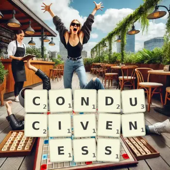Creative illustration for a Scrabble game with the word CONDUCIVENESS spelled out in tiles on the board.