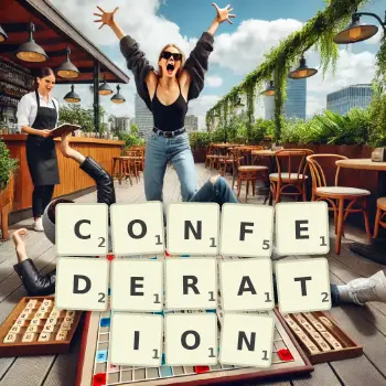 Creative illustration for a Scrabble game with the word CONFEDERATION spelled out in tiles on the board.