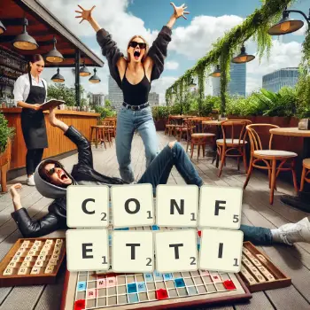 Creative illustration for a Scrabble game with the word CONFETTI spelled out in tiles on the board.
