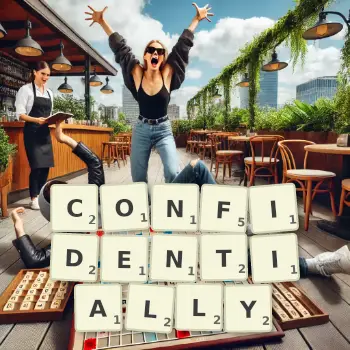 Creative illustration for a Scrabble game with the word CONFIDENTIALLY spelled out in tiles on the board.
