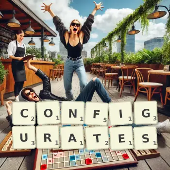 Creative illustration for a Scrabble game with the word CONFIGURATES spelled out in tiles on the board.