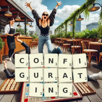 Creative illustration for a Scrabble game with the word CONFIGURATING spelled out in tiles on the board.