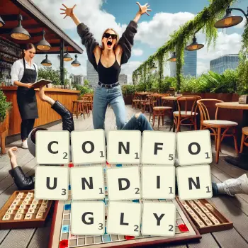 Creative illustration for a Scrabble game with the word CONFOUNDINGLY spelled out in tiles on the board.