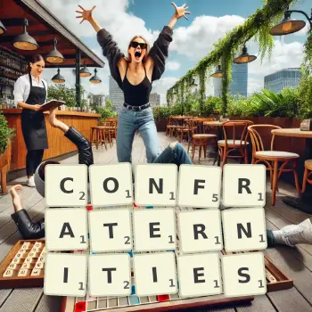 Creative illustration for a Scrabble game with the word CONFRATERNITIES spelled out in tiles on the board.