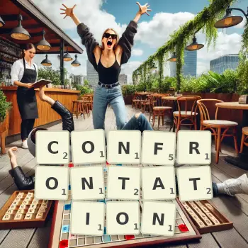 Creative illustration for a Scrabble game with the word CONFRONTATION spelled out in tiles on the board.