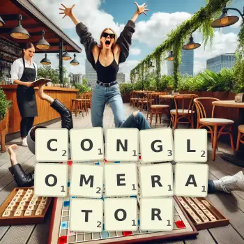 Creative illustration for a Scrabble game with the word CONGLOMERATOR spelled out in tiles on the board.