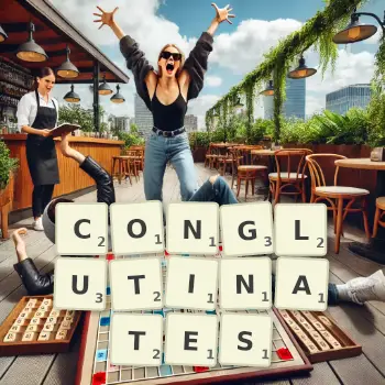 Creative illustration for a Scrabble game with the word CONGLUTINATES spelled out in tiles on the board.