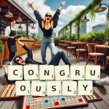 Creative illustration for a Scrabble game with the word CONGRUOUSLY spelled out in tiles on the board.