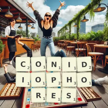 Creative illustration for a Scrabble game with the word CONIDIOPHORES spelled out in tiles on the board.