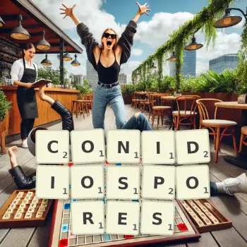 Creative illustration for a Scrabble game with the word CONIDIOSPORES spelled out in tiles on the board.