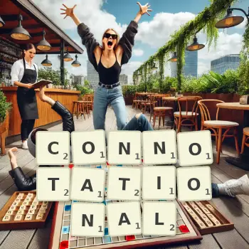 Creative illustration for a Scrabble game with the word CONNOTATIONAL spelled out in tiles on the board.