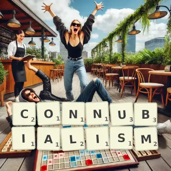 Creative illustration for a Scrabble game with the word CONNUBIALISM spelled out in tiles on the board.