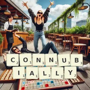 Creative illustration for a Scrabble game with the word CONNUBIALLY spelled out in tiles on the board.
