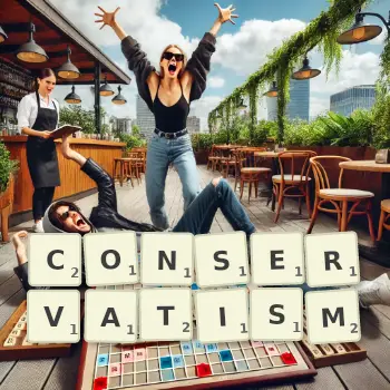 Creative illustration for a Scrabble game with the word CONSERVATISM spelled out in tiles on the board.