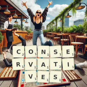 Creative illustration for a Scrabble game with the word CONSERVATIVES spelled out in tiles on the board.