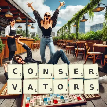 Creative illustration for a Scrabble game with the word CONSERVATORS spelled out in tiles on the board.