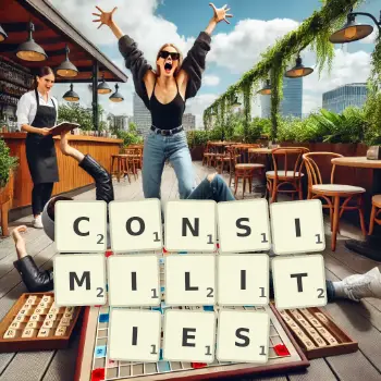 Creative illustration for a Scrabble game with the word CONSIMILITIES spelled out in tiles on the board.