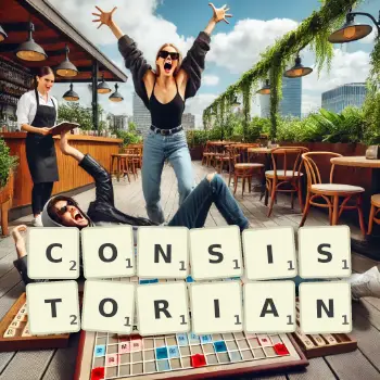 Creative illustration for a Scrabble game with the word CONSISTORIAN spelled out in tiles on the board.