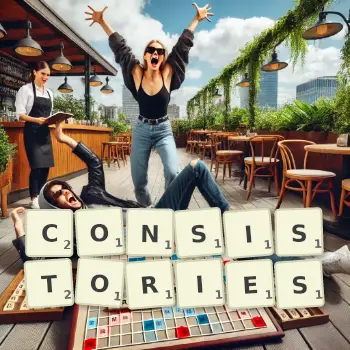 Creative illustration for a Scrabble game with the word CONSISTORIES spelled out in tiles on the board.
