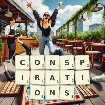 Creative illustration for a Scrabble game with the word CONSPIRATIONS spelled out in tiles on the board.