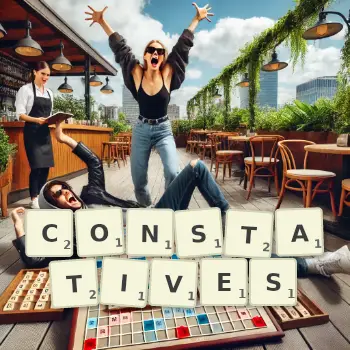Creative illustration for a Scrabble game with the word CONSTATIVES spelled out in tiles on the board.