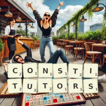 Creative illustration for a Scrabble game with the word CONSTITUTORS spelled out in tiles on the board.