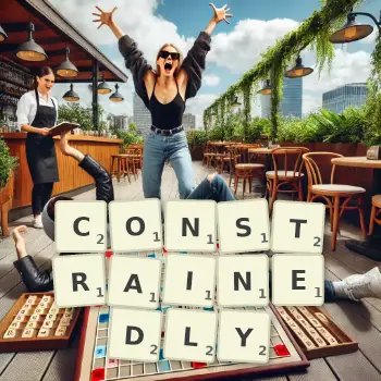 Creative illustration for a Scrabble game with the word CONSTRAINEDLY spelled out in tiles on the board.