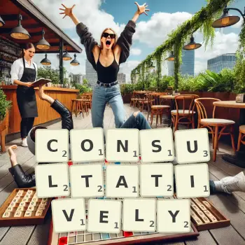 Creative illustration for a Scrabble game with the word CONSULTATIVELY spelled out in tiles on the board.