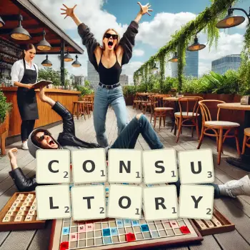 Creative illustration for a Scrabble game with the word CONSULTORY spelled out in tiles on the board.