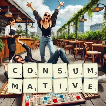 Creative illustration for a Scrabble game with the word CONSUMMATIVE spelled out in tiles on the board.