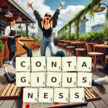 Creative illustration for a Scrabble game with the word CONTAGIOUSNESS spelled out in tiles on the board.