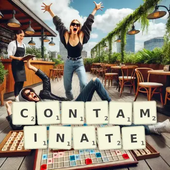 Creative illustration for a Scrabble game with the word CONTAMINATE spelled out in tiles on the board.