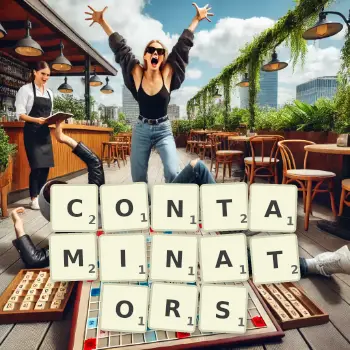 Creative illustration for a Scrabble game with the word CONTAMINATORS spelled out in tiles on the board.