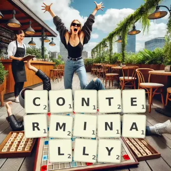 Creative illustration for a Scrabble game with the word CONTERMINALLY spelled out in tiles on the board.