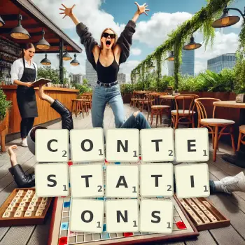 Creative illustration for a Scrabble game with the word CONTESTATIONS spelled out in tiles on the board.